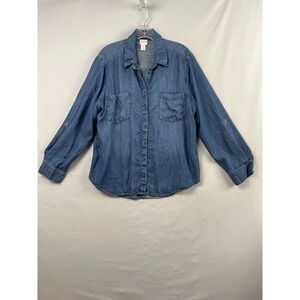 Chicos Button Down Shirt Womens 2 Blue Excellent Lyocell Roll Tab Denim Chambray